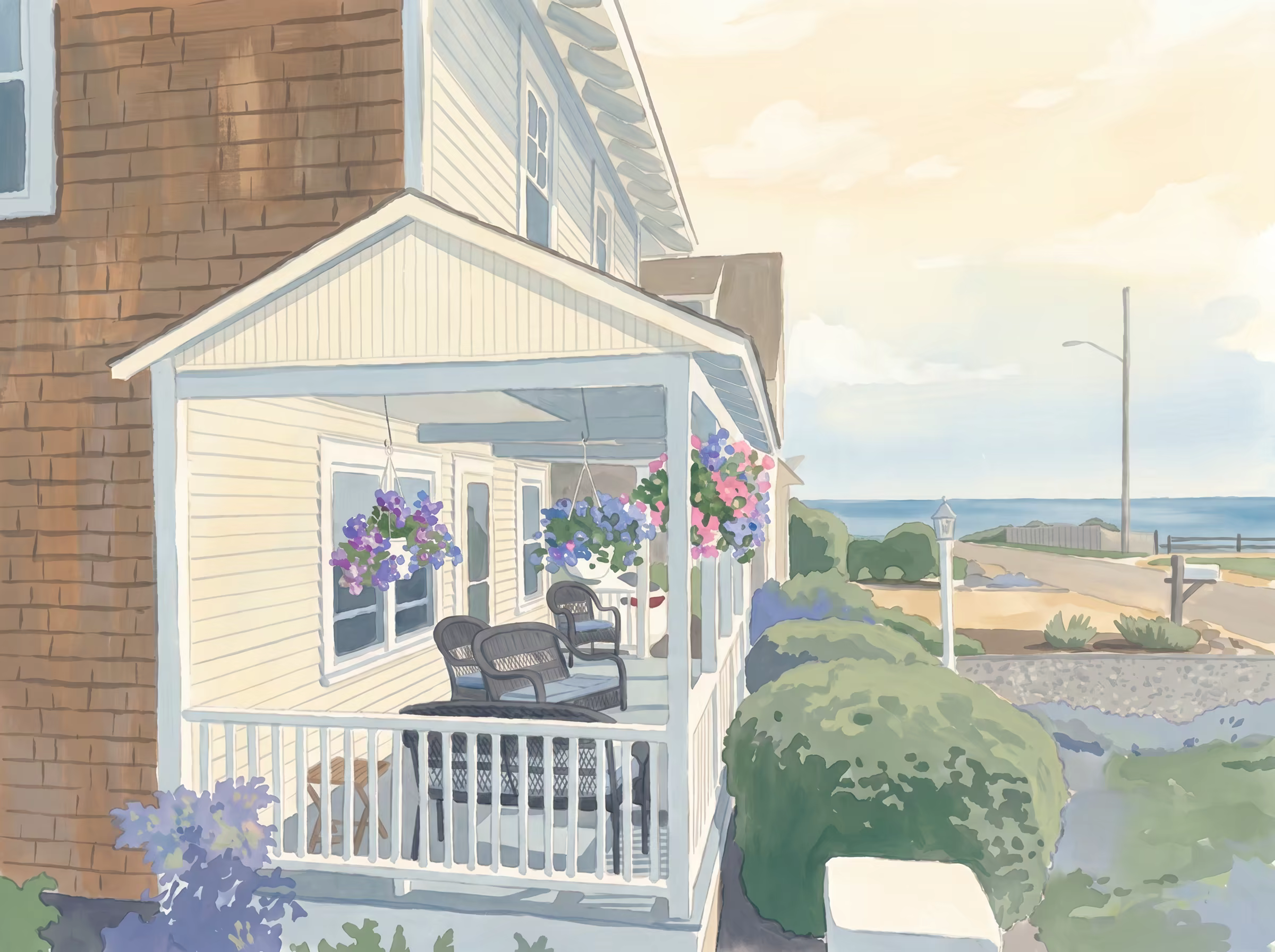 Gouache painting of the cottage porch with hanging flower baskets, the street curving down to the Atlantic