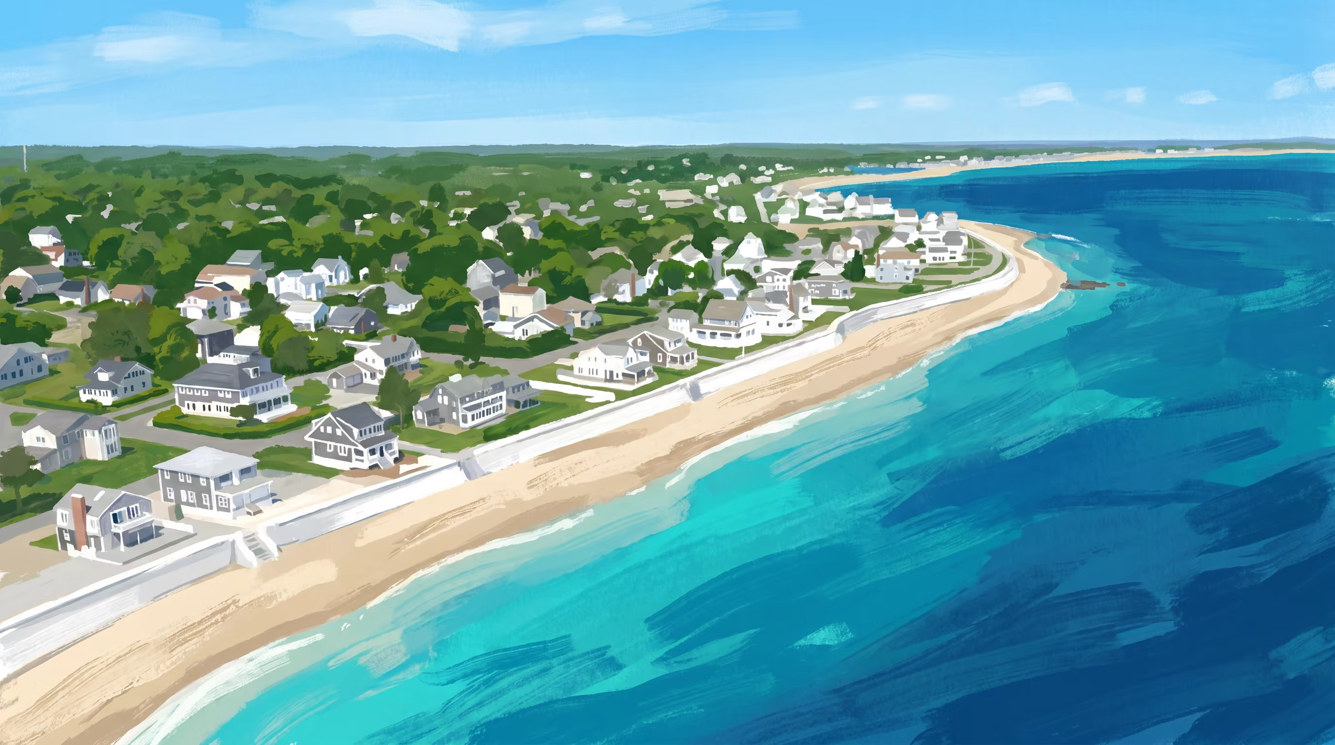 Gouache painting of the curving beach from above. White cottages along the sand, turquoise water shading to deep blue